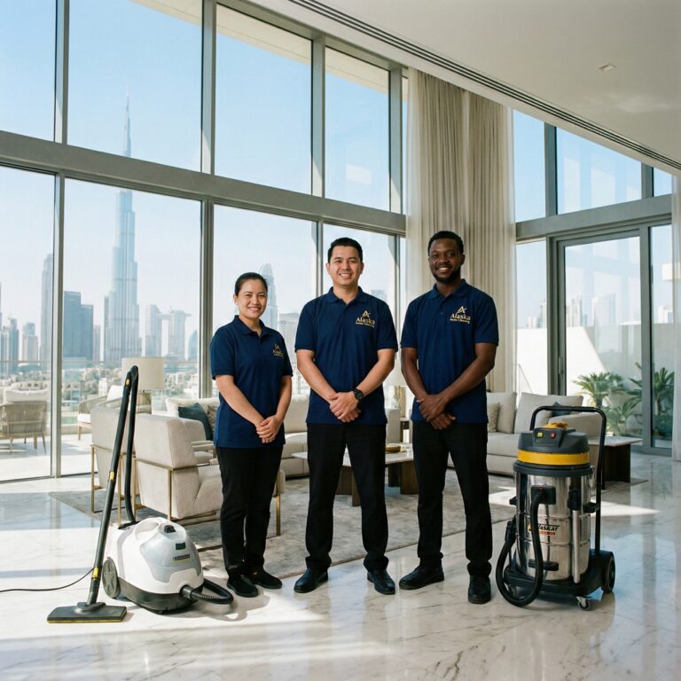 صورة تظهر فريق تنظيف محترف من ثلاثة أشخاص (امرأة ورجلان) يرتدون زي شركة "Alaska Home Cleaning" الأزرق، يقفون بابتسامة في غرفة معيشة فاخرة. بجانبهم مكنسة بخار بيضاء ومكنسة صناعية كبيرة. خلفهم نوافذ ضخمة تطل على برج خليفة وأفق مدينة دبي.