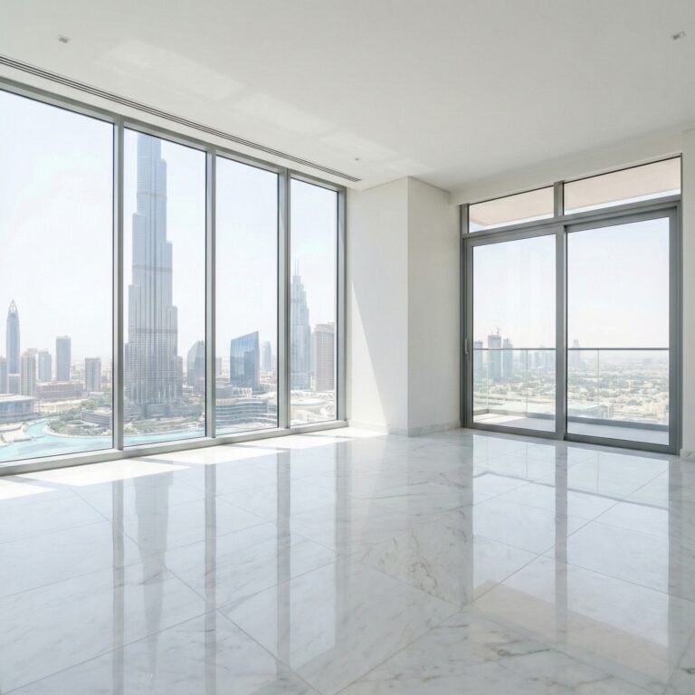 صورة مربعة تظهر غرفة معيشة فارغة ونظيفة بلمعان في شقة بدبي مع إطلالة مباشرة على برج خليفة، بعد الانتهاء من خدمة تنظيف ما قبل الانتقال.